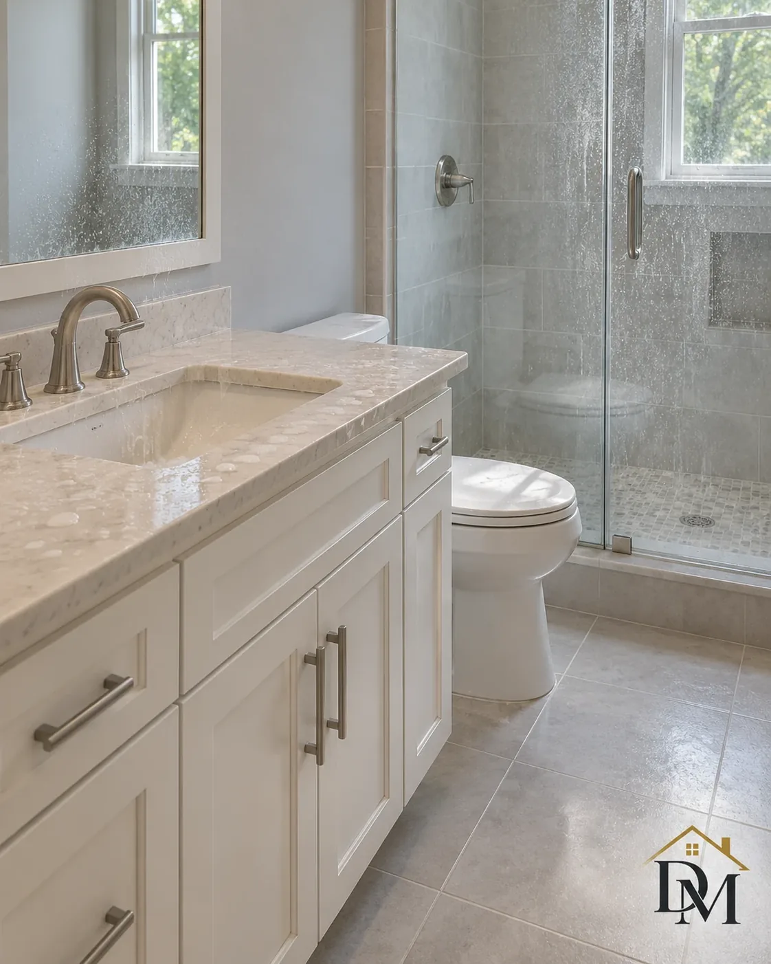 At key return, view A: supplies on the tile of the empty bathroom.