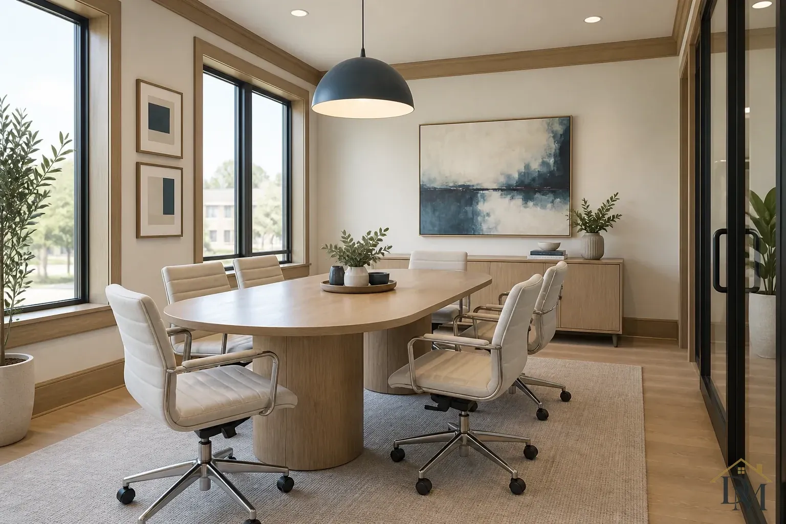 Light wood meeting table with cream swivel chairs, a dark dome pendant and blue abstract artwork beside tall windows.