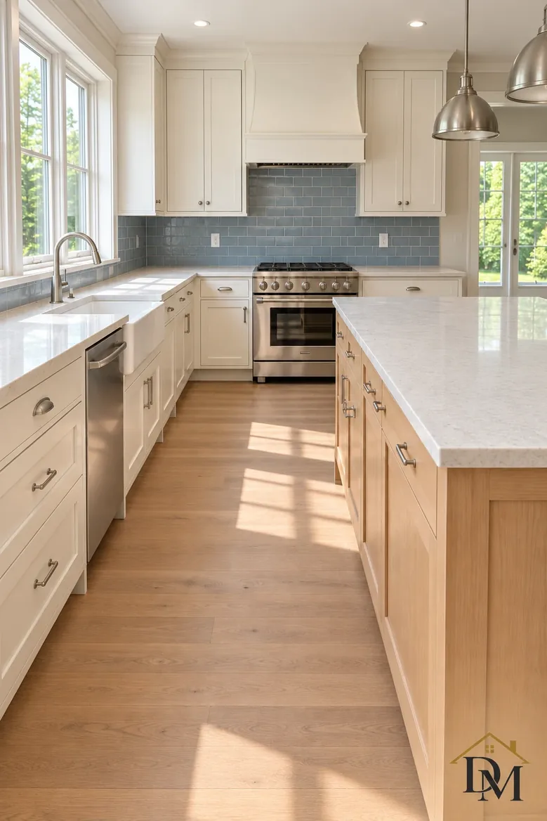 After cleanup: counter clear and the marble floor open.