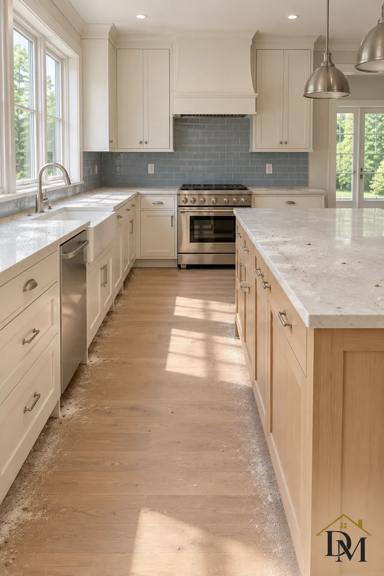 At handover: towel off the vanity and the mat crooked on the marble.