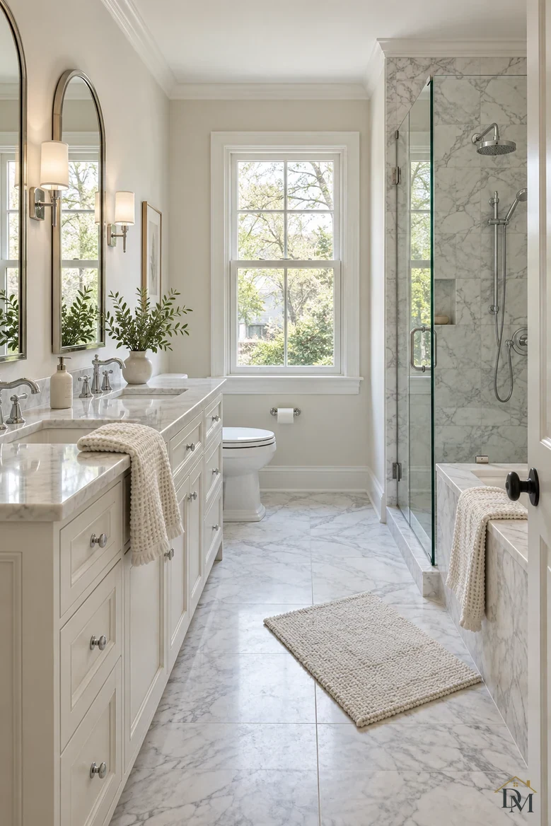 View A: a knit towel hanging off the marble counter and the bath mat turned at an angle.