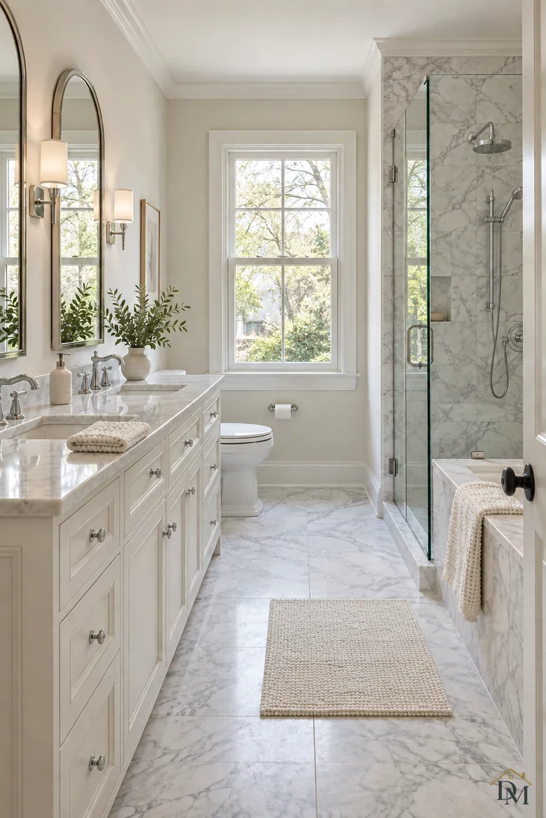 View B: the towel folded on the counter and the mat lying straight on the marble floor.