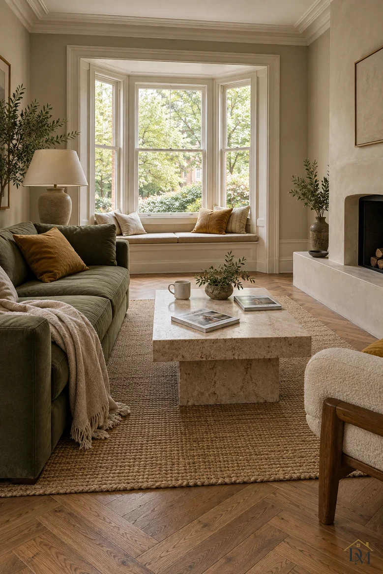 View A: a knit throw across the green sofa, with a mug and books on the stone coffee table.