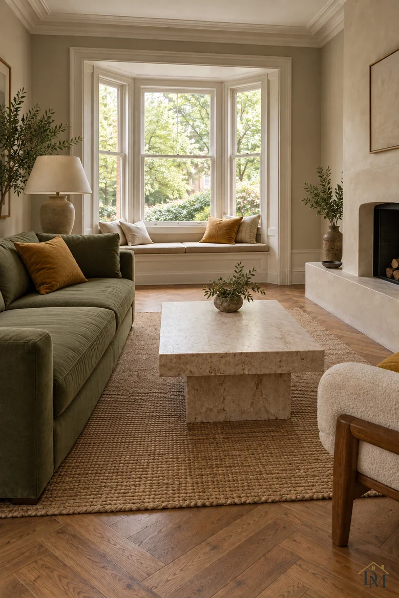 View B: the throw gone and the stone table holding only a small plant.