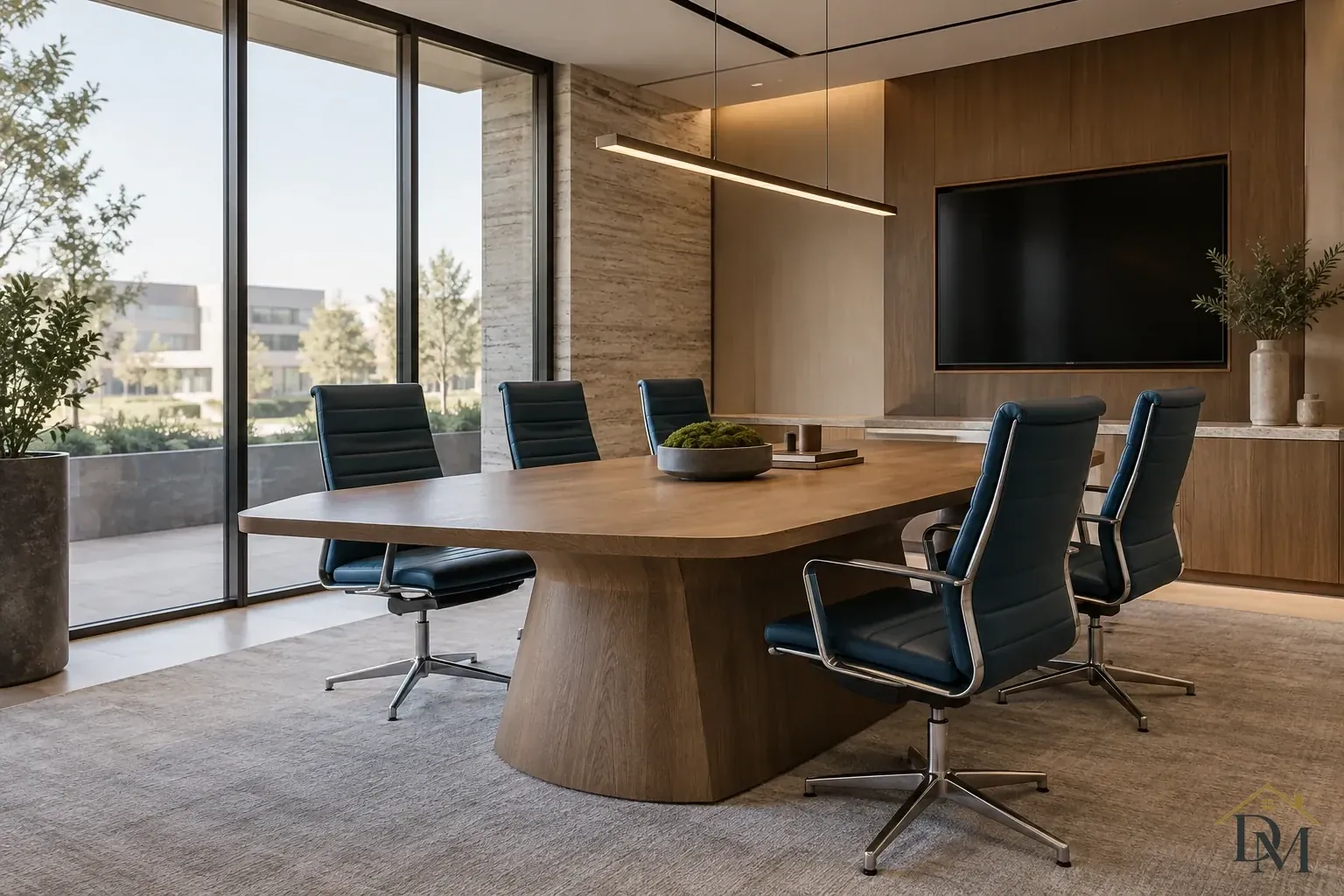 Wood conference table with dark blue swivel chairs, a linear pendant and wall-mounted screen beside floor-to-ceiling windows.