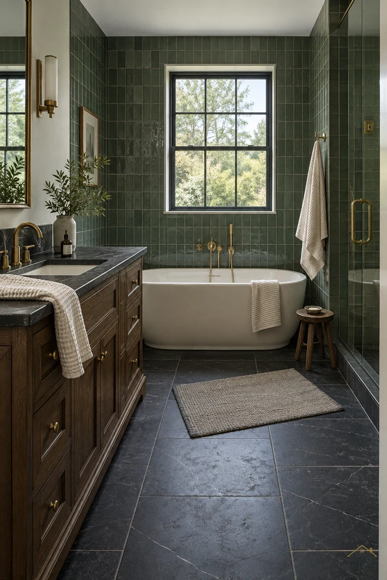 First view: a waffle towel hanging over the dark vanity edge and the mat set at an angle.
