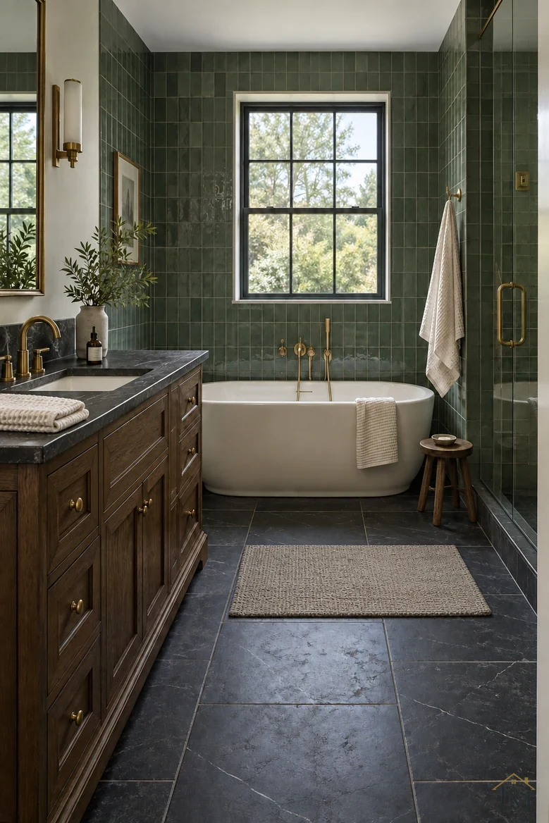 Second view: the towel folded on the counter and the mat squared by the tub.