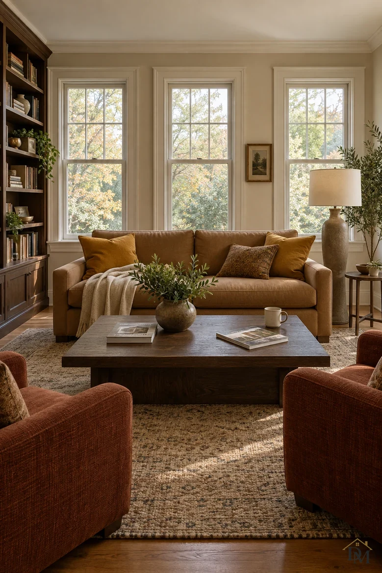 First view: two books and a mug on the dark coffee table, a cream throw over the sofa arm.