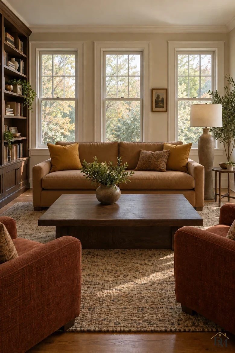Second view: only the olive plant on the coffee table and the throw put away.