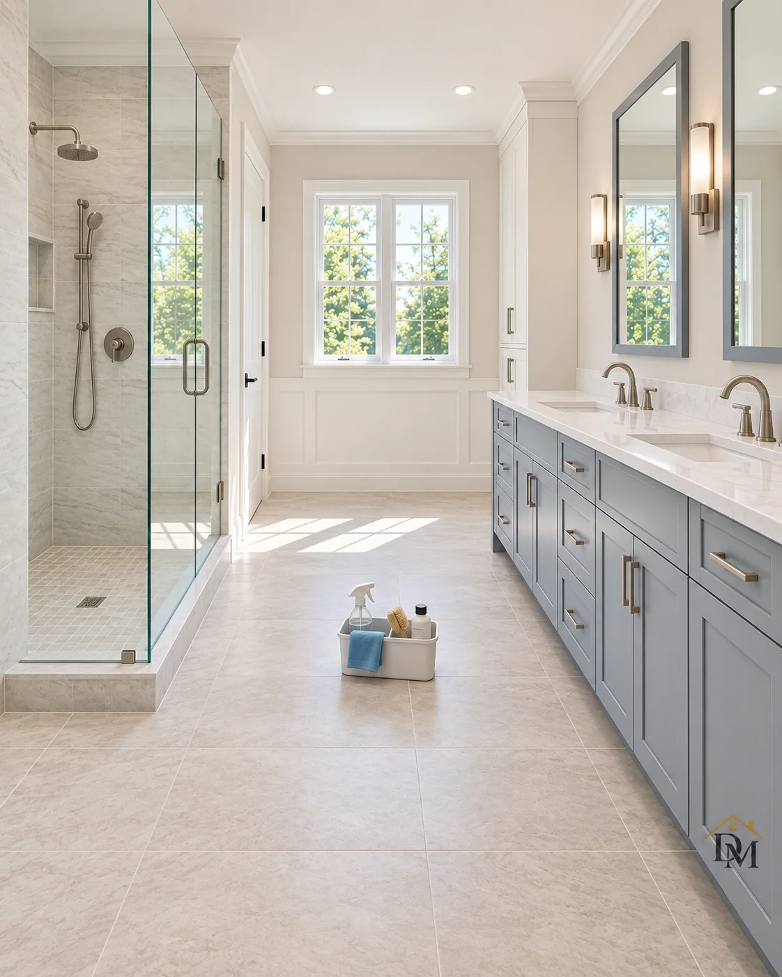 Before handover, view A: supplies on the tile beside the vanity.
