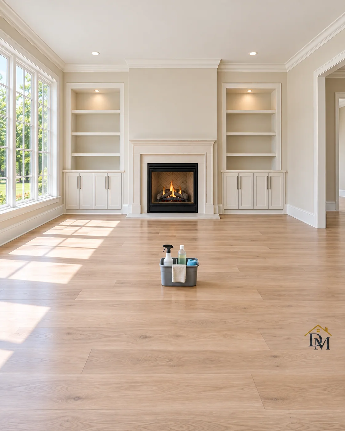 Before handover, view A: the supply caddy sits in the empty fireplace room.
