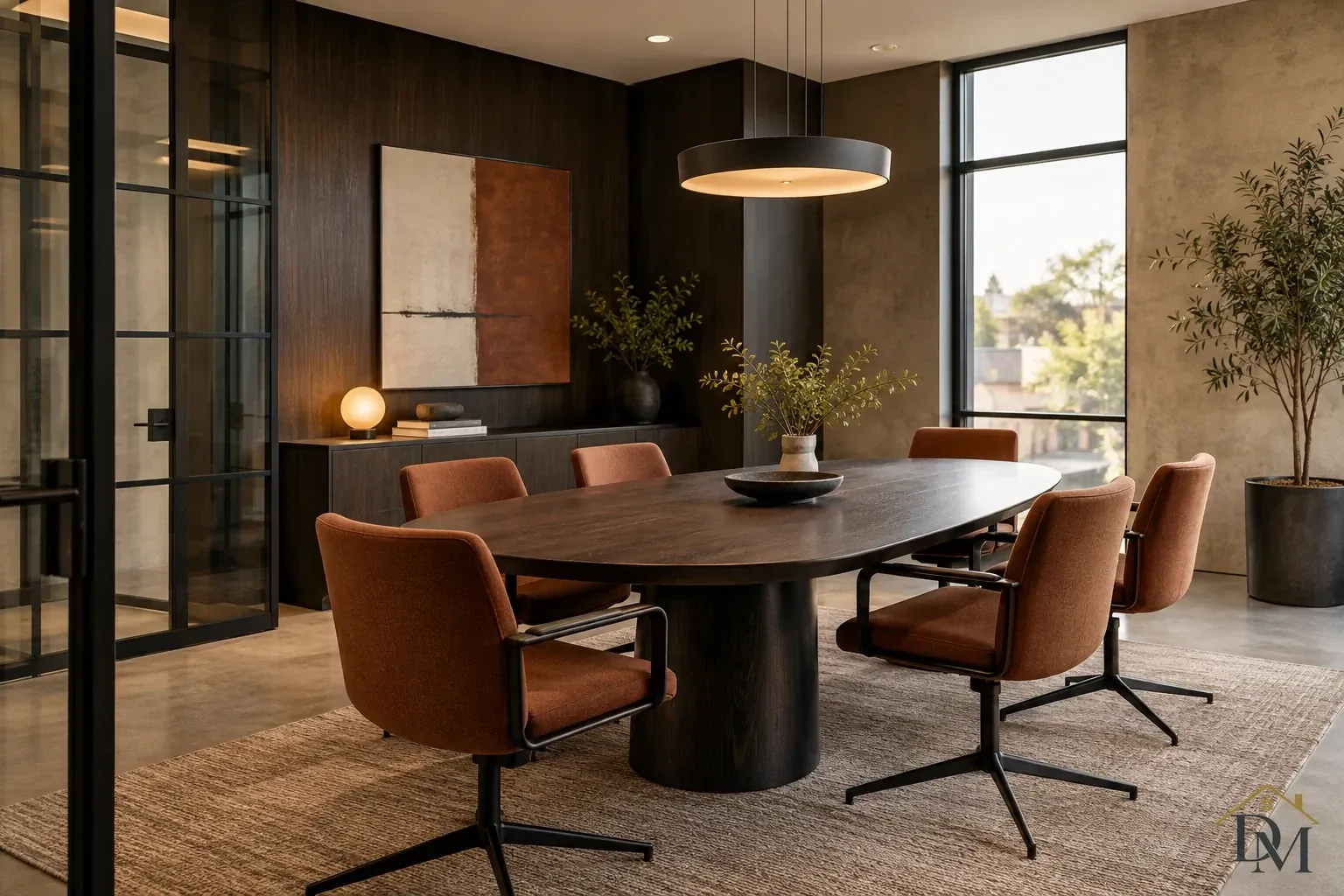 Dark oval conference table with rust-colored chairs beneath a round pendant, beside black-framed glass and abstract wall art.