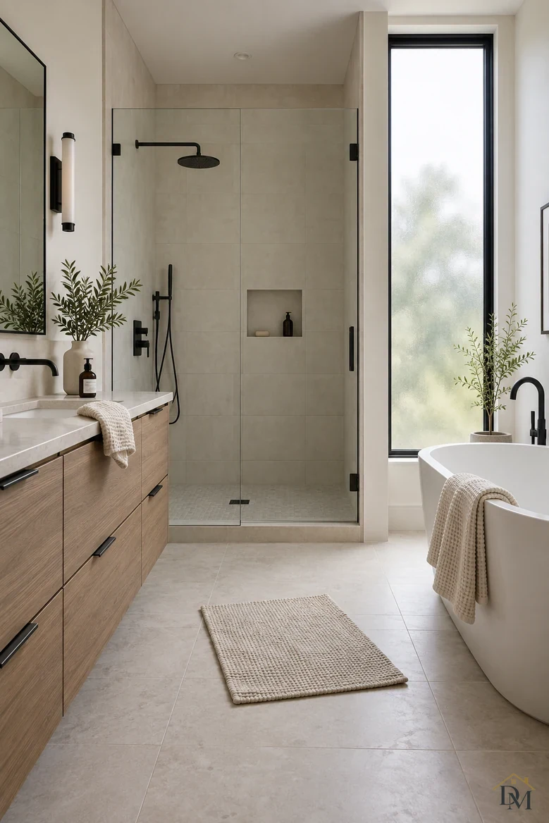 View A: a hand towel bunched on the wood vanity and the bath mat set at an angle.