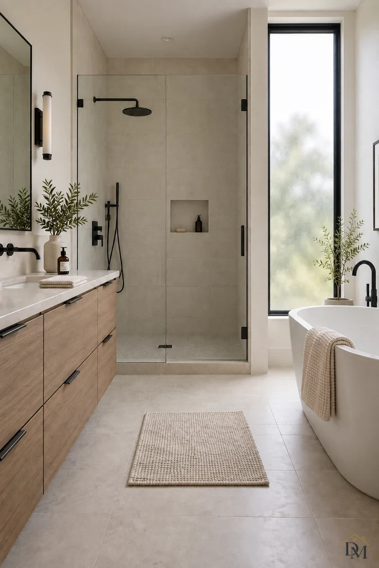 View B: the hand towel folded on the counter and the mat squared on the tile.