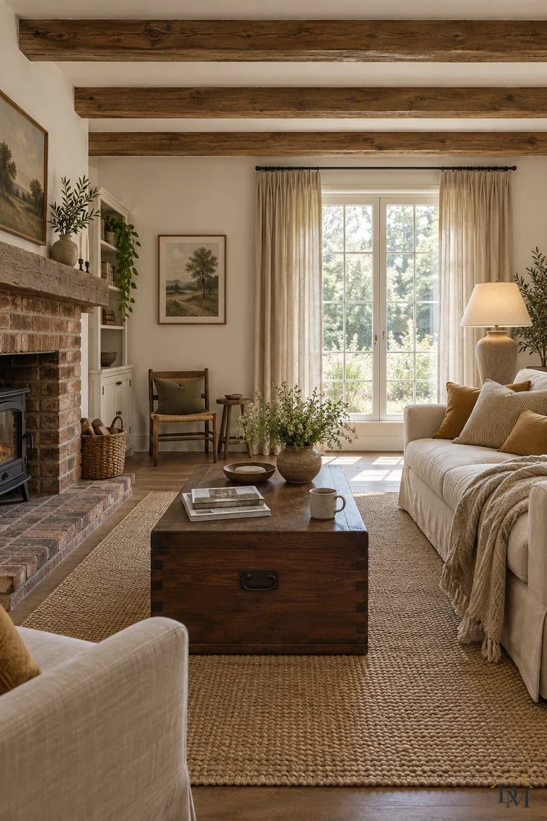 View A: a knit throw over the sofa arm, with books and a mug on the wooden trunk table.