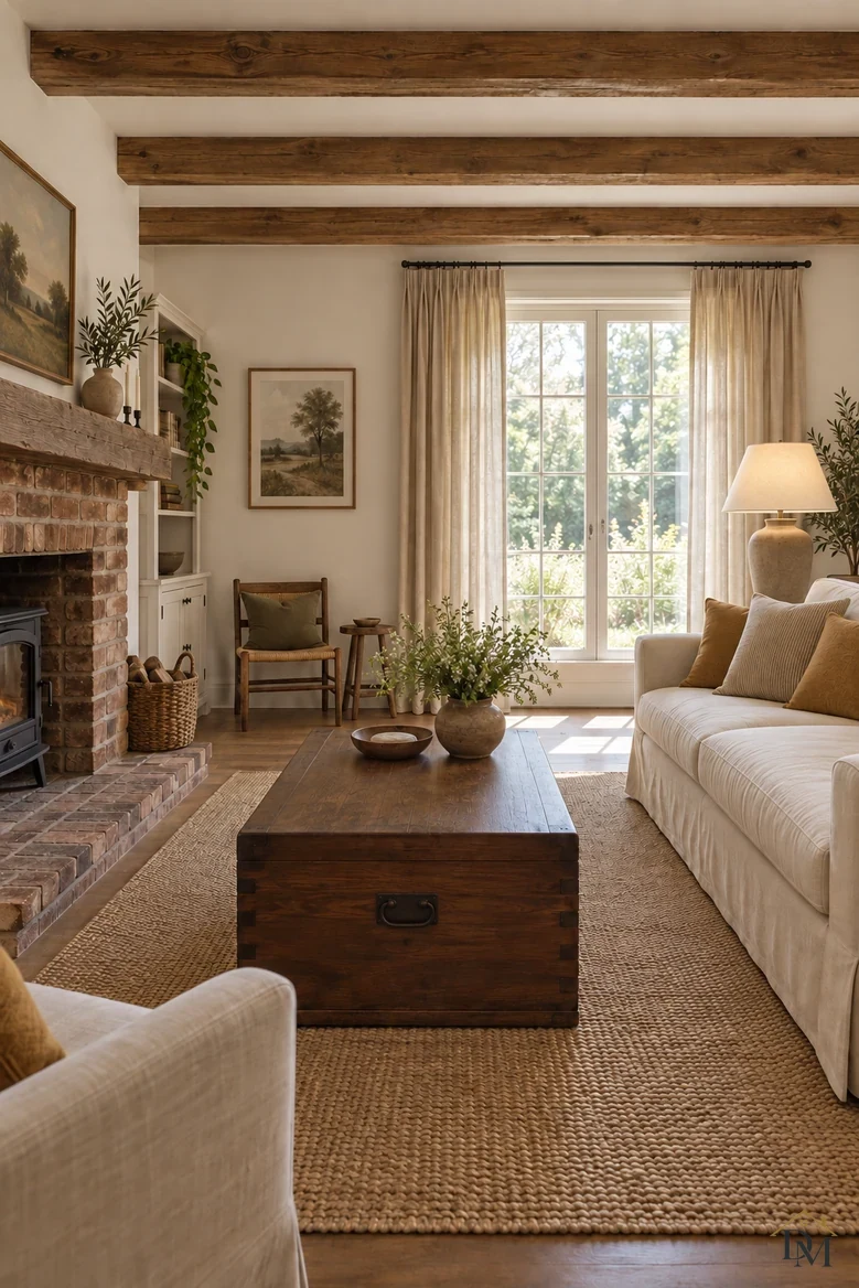 View B: throw and mug gone, the trunk table holding only the plant and wood bowl.