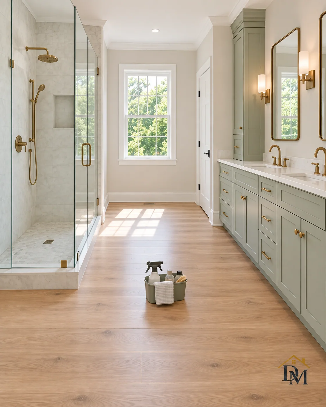Before move-in: the caddy on the floor between the glass shower and sage vanity.