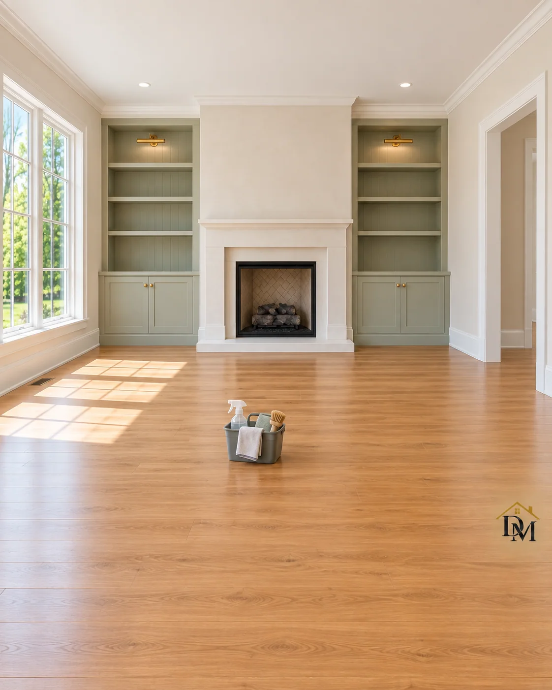 Before move-in: our cleaning caddy on the bare floor in front of the cream fireplace.