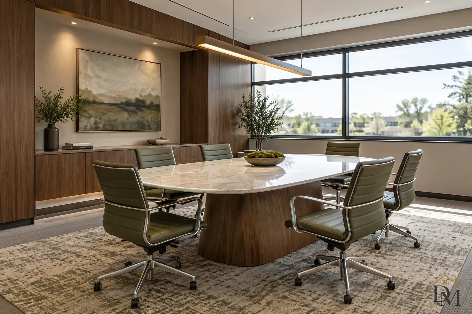 Light oval conference table with olive-green chairs beneath a linear pendant, beside wood-paneled walls, landscape art and wide windows.