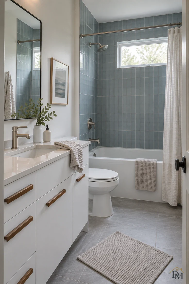 View one: a waffle towel hangs off the vanity edge beside the blue-gray tile.