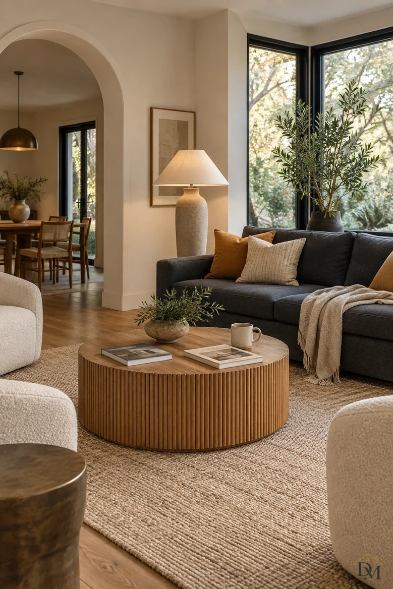 View one: a mug, books and a knit throw spread over the fluted round table and dark sofa.