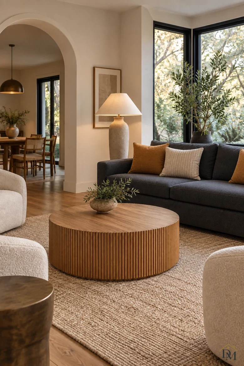 View two: the fluted table holds only a potted olive; the throw is put away.