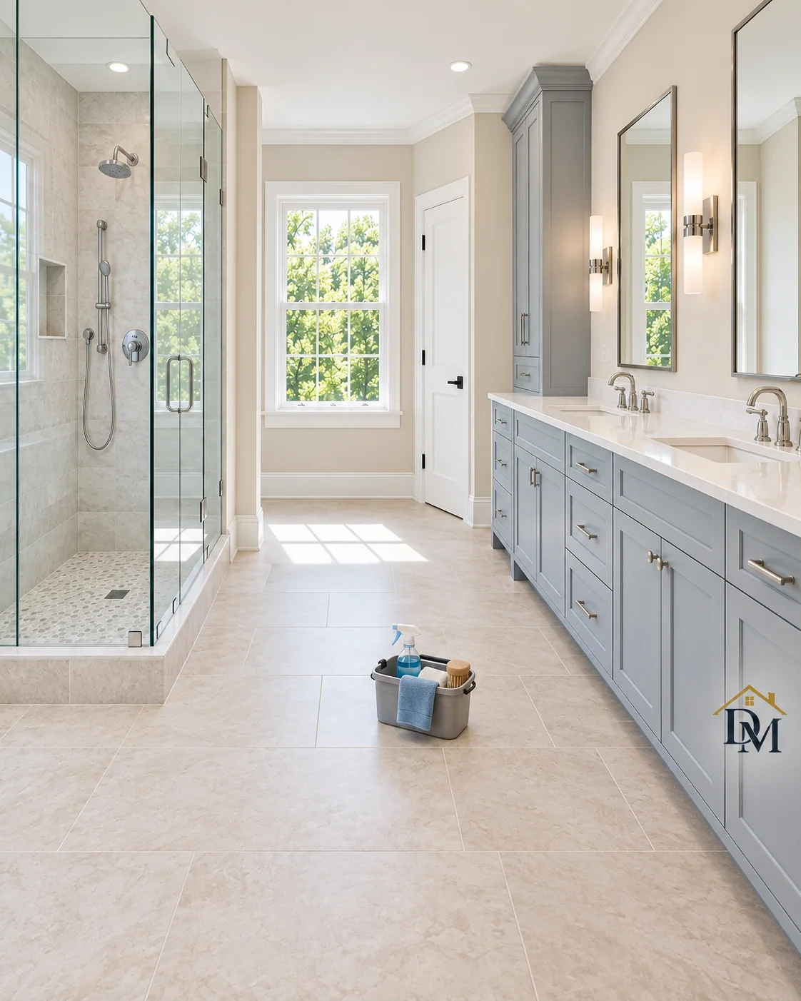 Before move-in: the caddy waits on the tile between the shower and vanity.