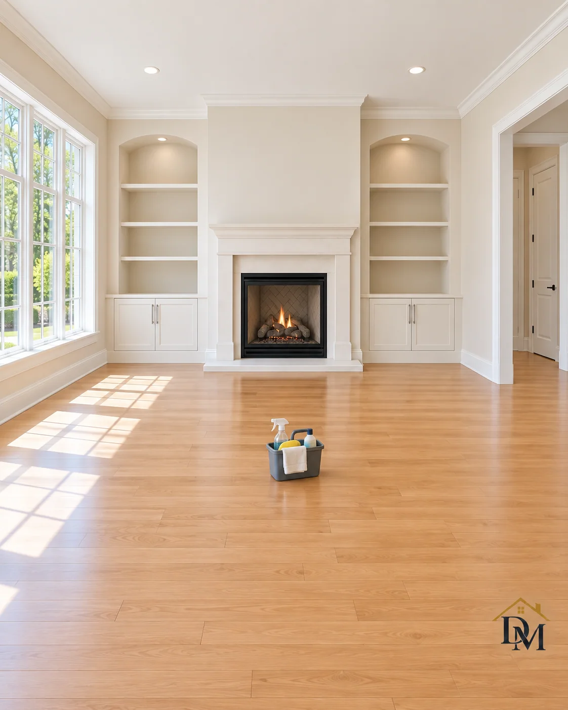 Before move-in: a supply caddy sits on the wood floor facing the fireplace.