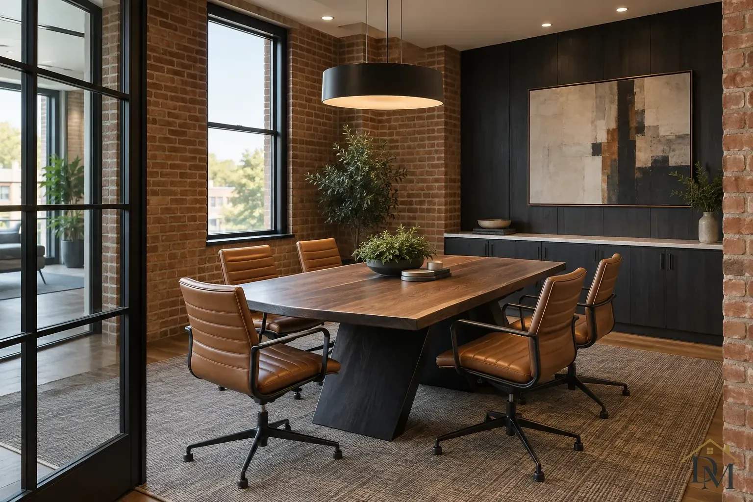 Wood conference table with brown swivel chairs beneath a black drum pendant, beside brick walls, tall windows and abstract art.