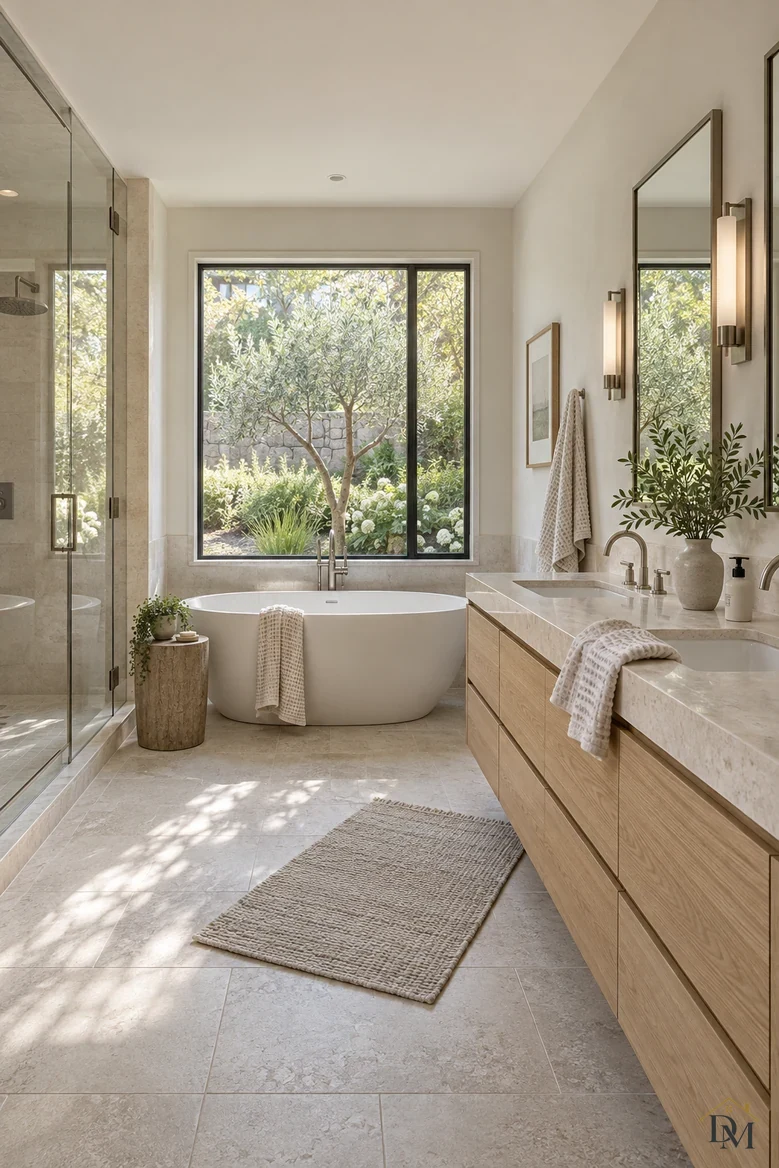 First look: a towel hanging over the oak vanity edge and the bath mat set at an angle.