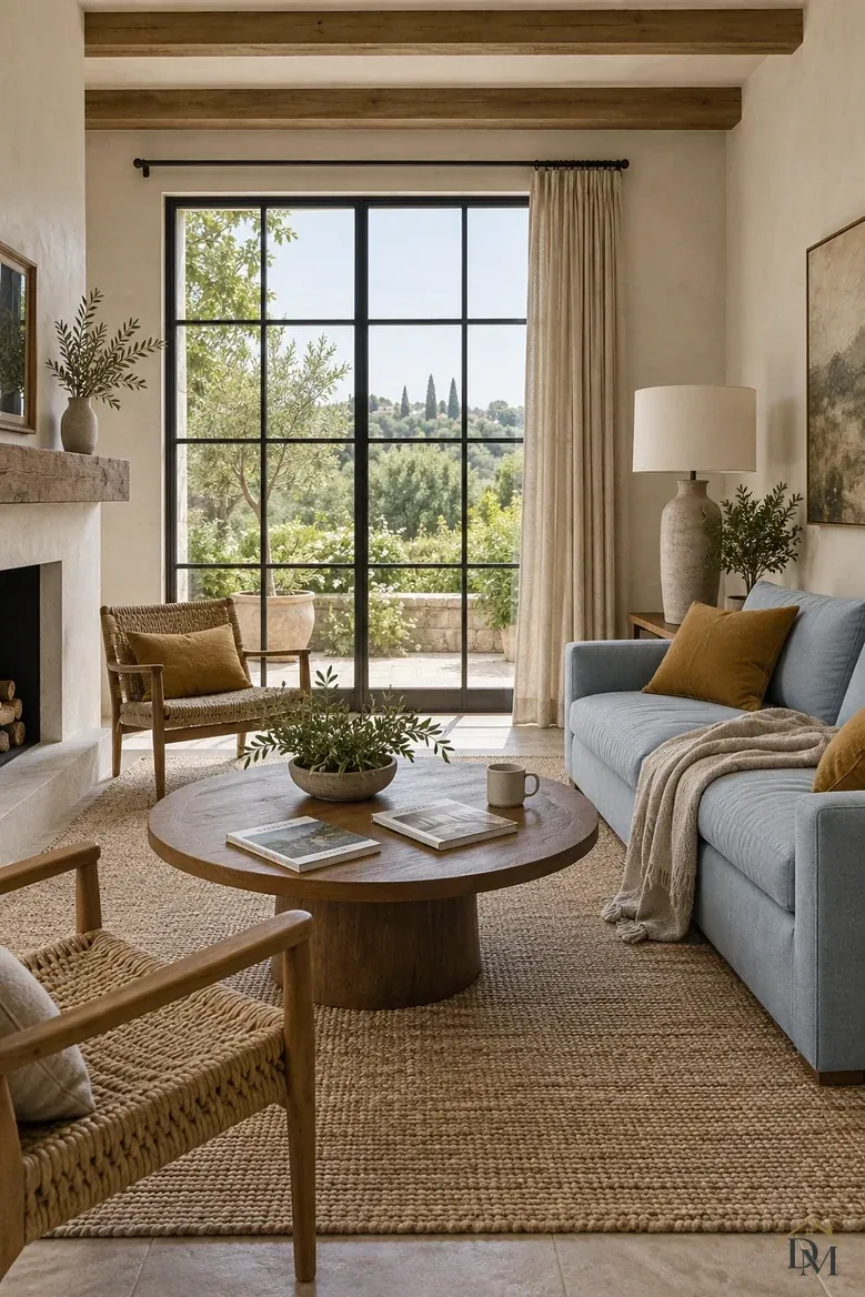 First look: a cream throw spilling off the blue sofa, two books and a mug on the round table.