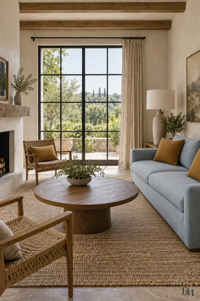 Second look: throw put away and the round table holding only the olive bowl.