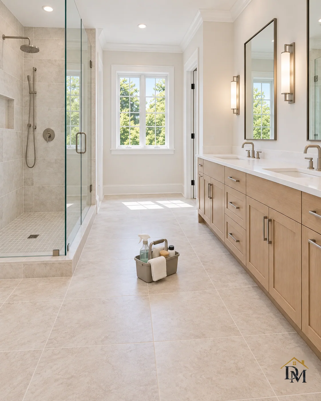 Before move-in: the caddy on the floor between the glass shower and oak vanity.