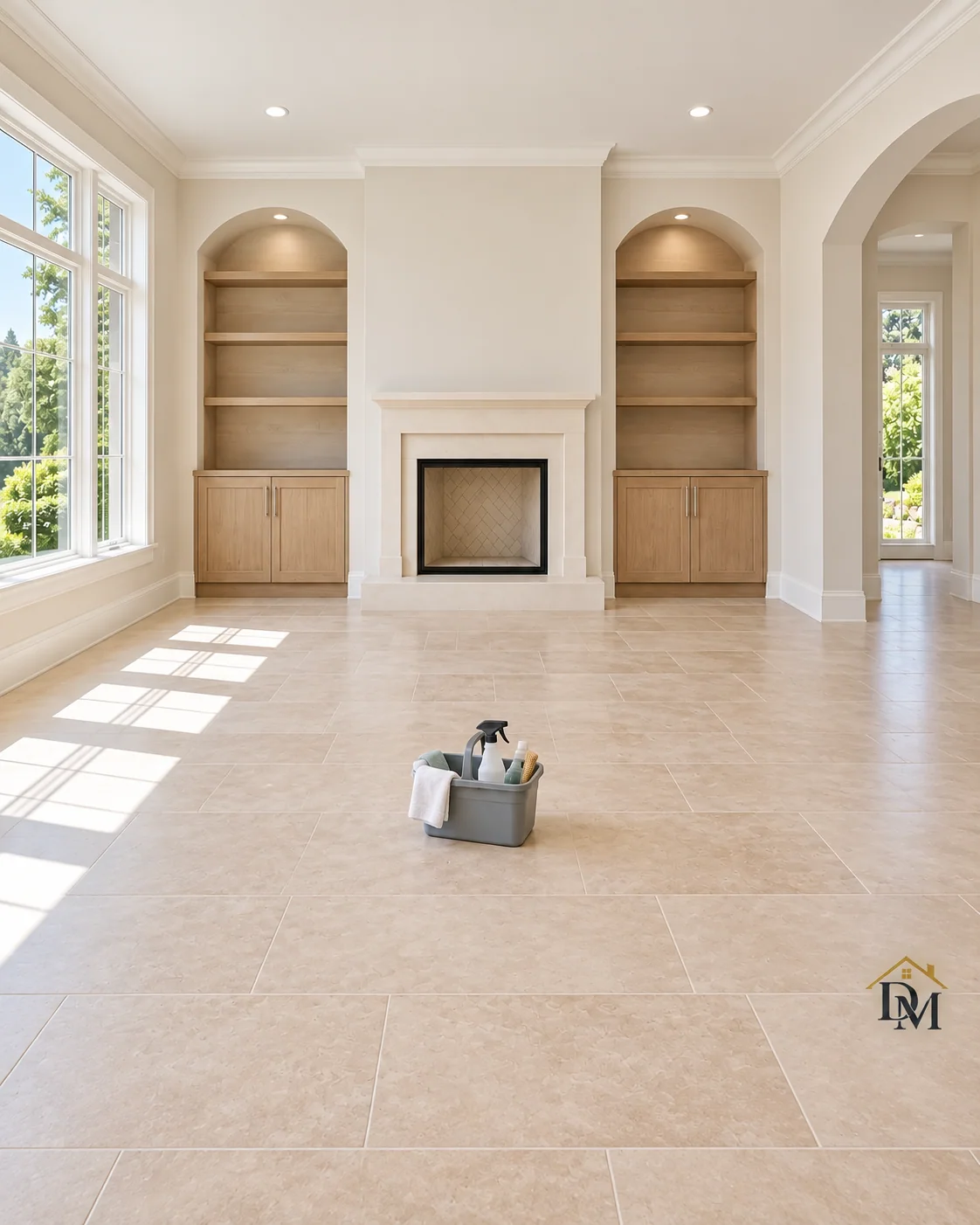 Before move-in: our supply caddy on the tile floor facing the fireplace and arched niches.