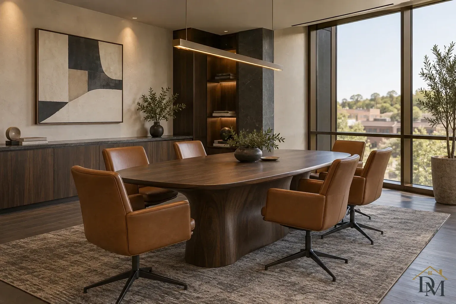 Oval wood conference table with brown chairs beneath a linear pendant, beside tall windows, dark shelving and abstract wall art.
