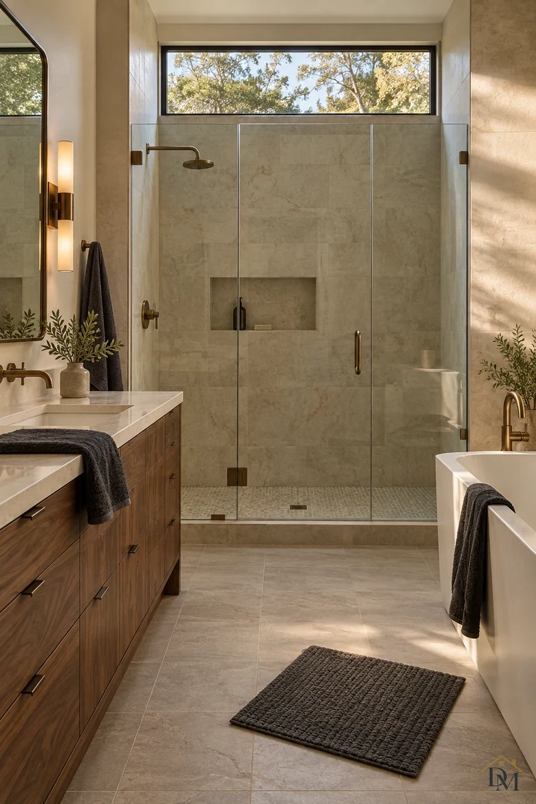 View A: a dark towel dropped on the vanity, bath mat off to one side.