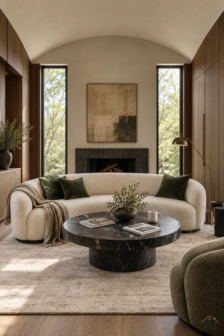 View A: a throw over the curved sofa, books and a mug on the round marble table.