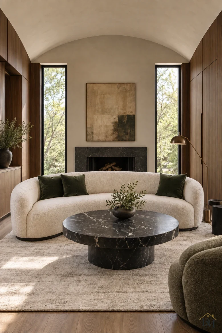 View B: throw folded away and the marble table clear except for the plant.