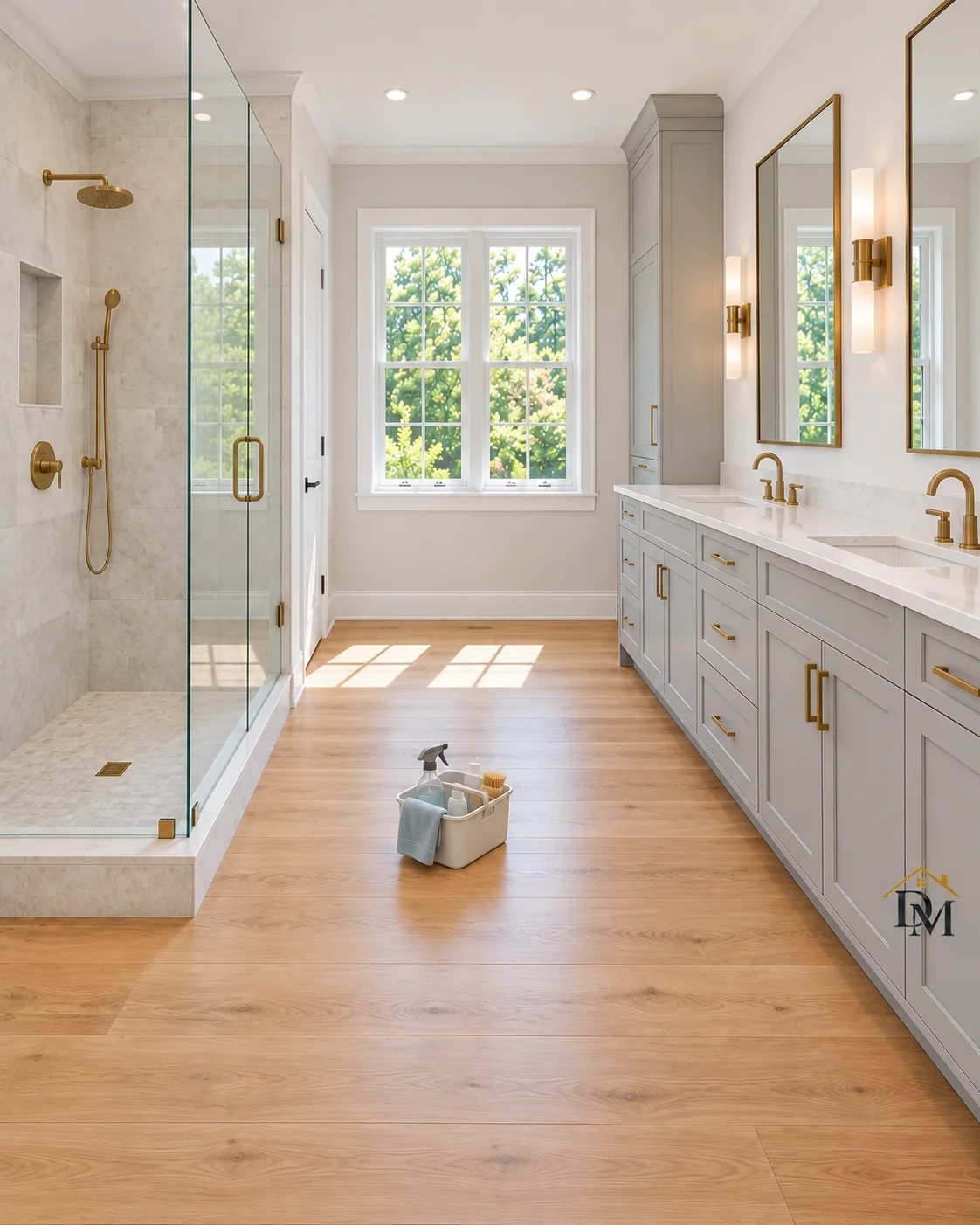 Before move-in: caddy on the bathroom floor between shower and vanity.