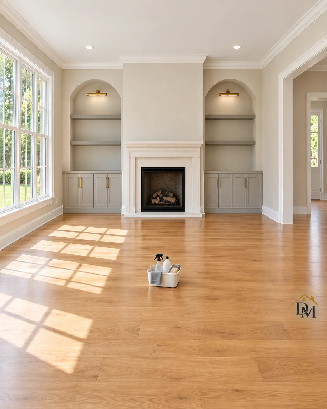 Before move-in: our cleaning caddy still on the empty living room floor.