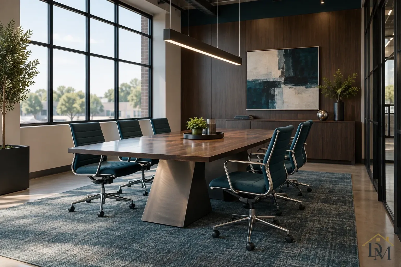 Wood conference table with dark teal chairs beneath a linear pendant, beside tall black-framed windows and abstract art on a wood wall.