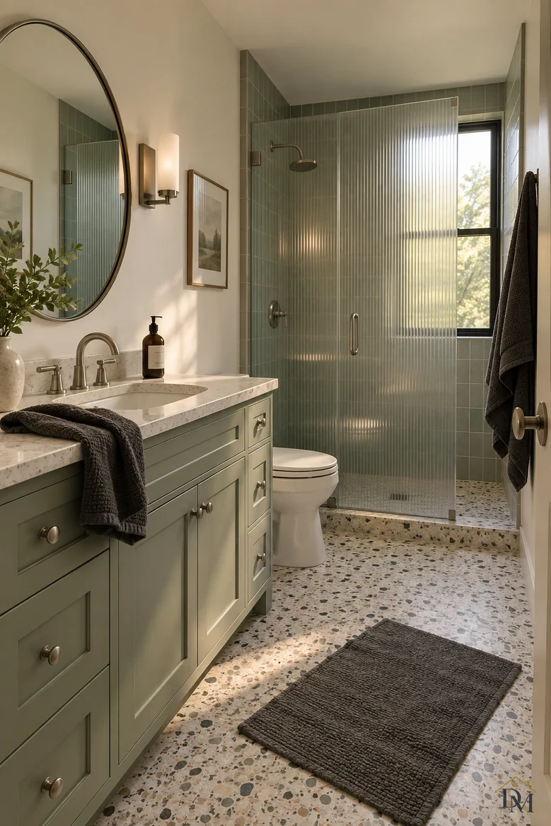 View A: a charcoal towel hanging over the sage-green vanity edge.