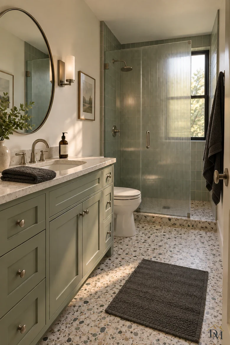 View B: the charcoal towel folded on the counter and the terrazzo floor clear.