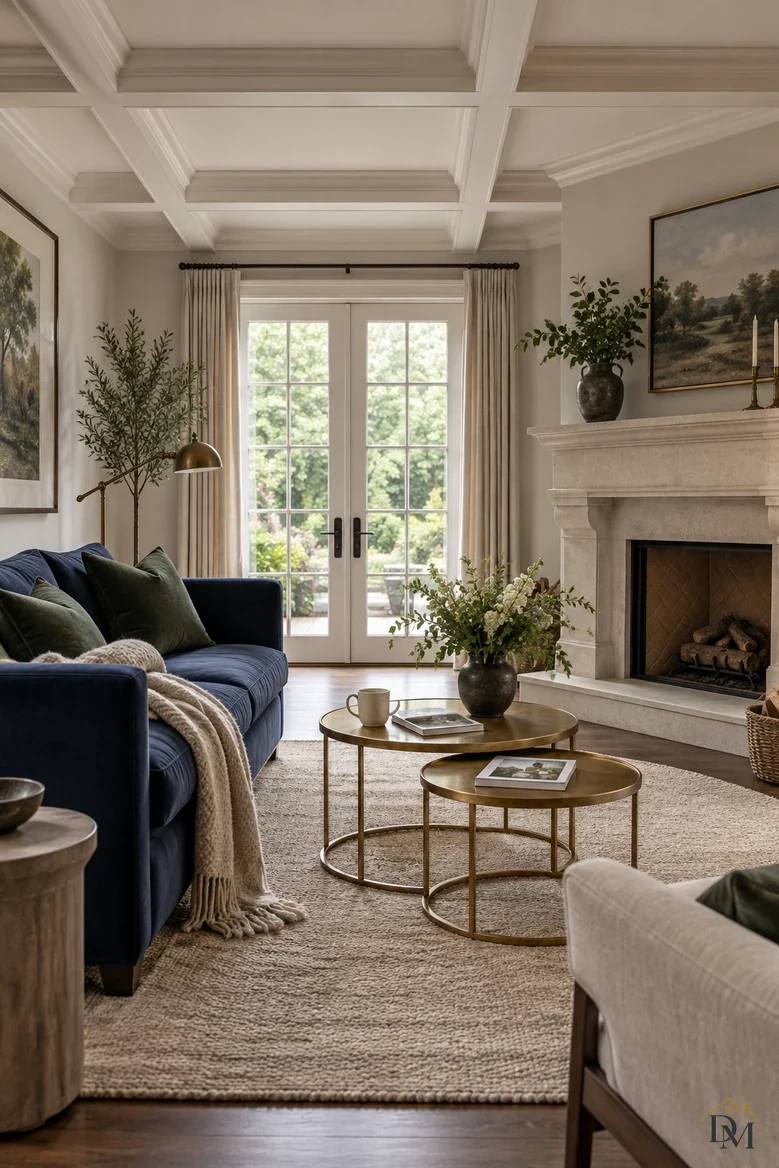 View A: a cream throw over the navy velvet sofa, with a mug and books on the brass nesting tables.