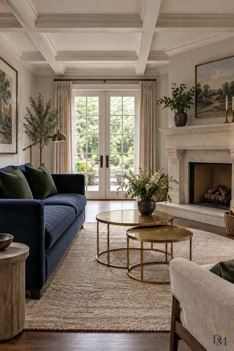 View B: the throw put away and the brass tables holding only the vase.
