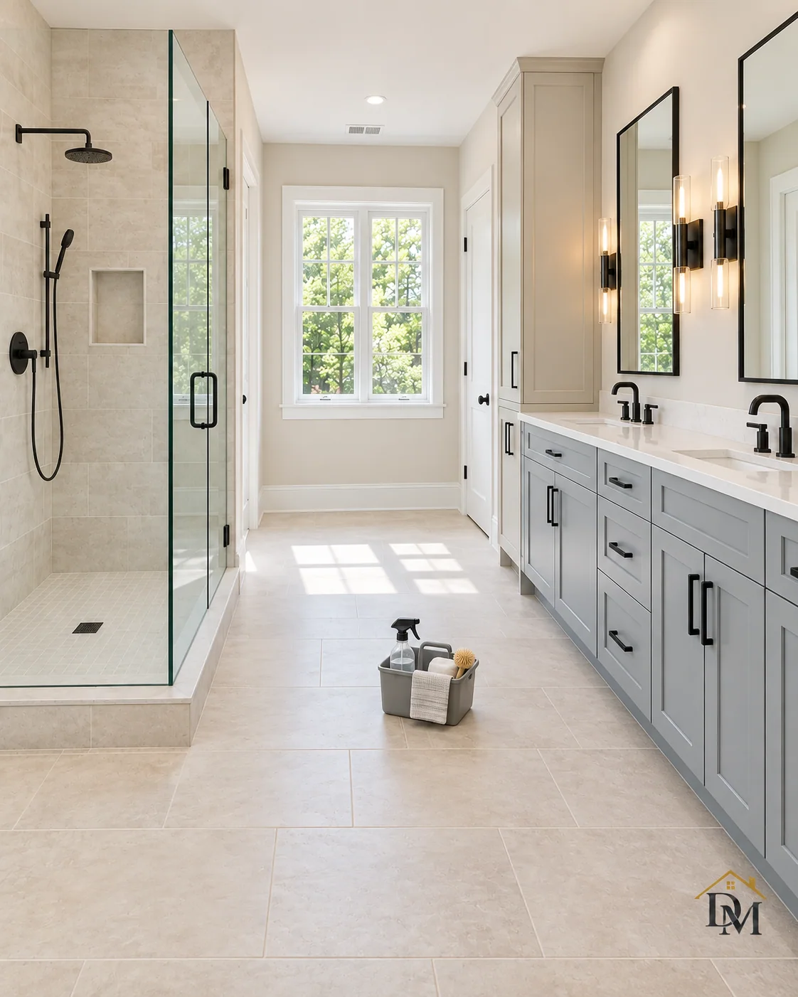 Before move-in: the caddy on the tile between the shower and gray vanity.