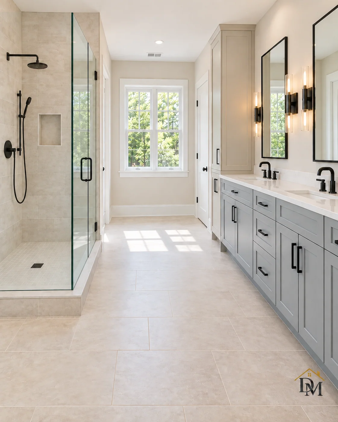 Ready for the first shower: tile floor bare of the caddy.