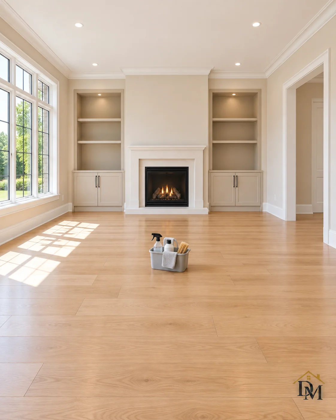 Before move-in: a gray cleaning caddy on the light oak floor near the fireplace.