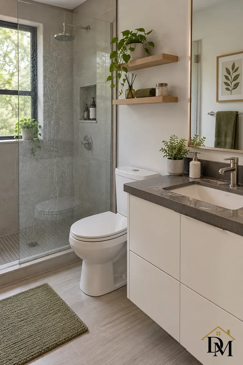 Inside the unit, view A: dark towel hanging off the vanity counter.
