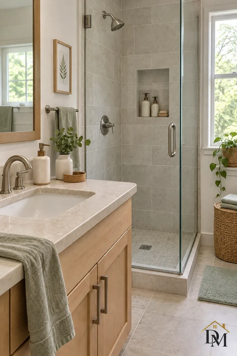After: marble vanity wiped with your bottle and the towel folded on top.